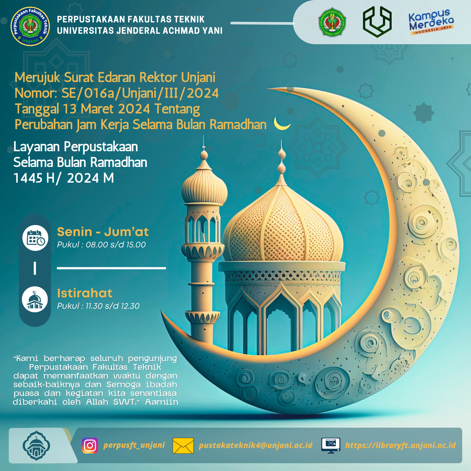 Pengumuman Jam Buka Layanan Perpustakaan Fakultas Teknik Universitas Jenderal Achmad Yani selama Bulan Ramadhan 1445H/ 2024 M